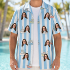 Man wearing Men's Dockside Drifters Custom Face Hawaiian Shirt open over a white tee