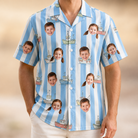 Model wearing Men's Dockside Drifters Custom Face Hawaiian Shirt printed with kids' faces