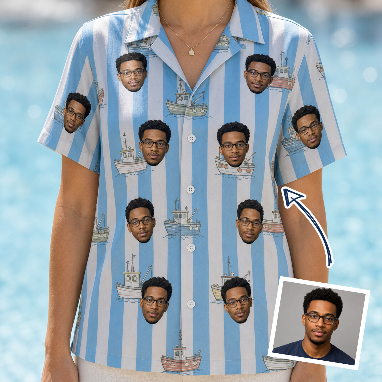 Woman wearing Women's Dockside Drifters Custom Face Hawaiian Shirt — custom faces printed all-over