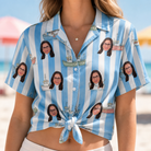 Woman wearing Women's Dockside Drifters Custom Face Hawaiian Shirt tied at the waist