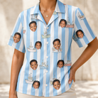 Model wearing Women's Dockside Drifters Custom Face Hawaiian Shirt printed with kids' faces