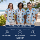 Friends in matching Women's Dockside Drifters Custom Face Hawaiian Shirt — a group gift photo