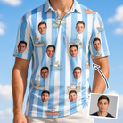 Man wearing Men's Dockside Drifters Custom Face Polo Shirt — custom faces printed all-over