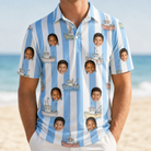 Model wearing Men's Dockside Drifters Custom Face Polo Shirt printed with kids' faces