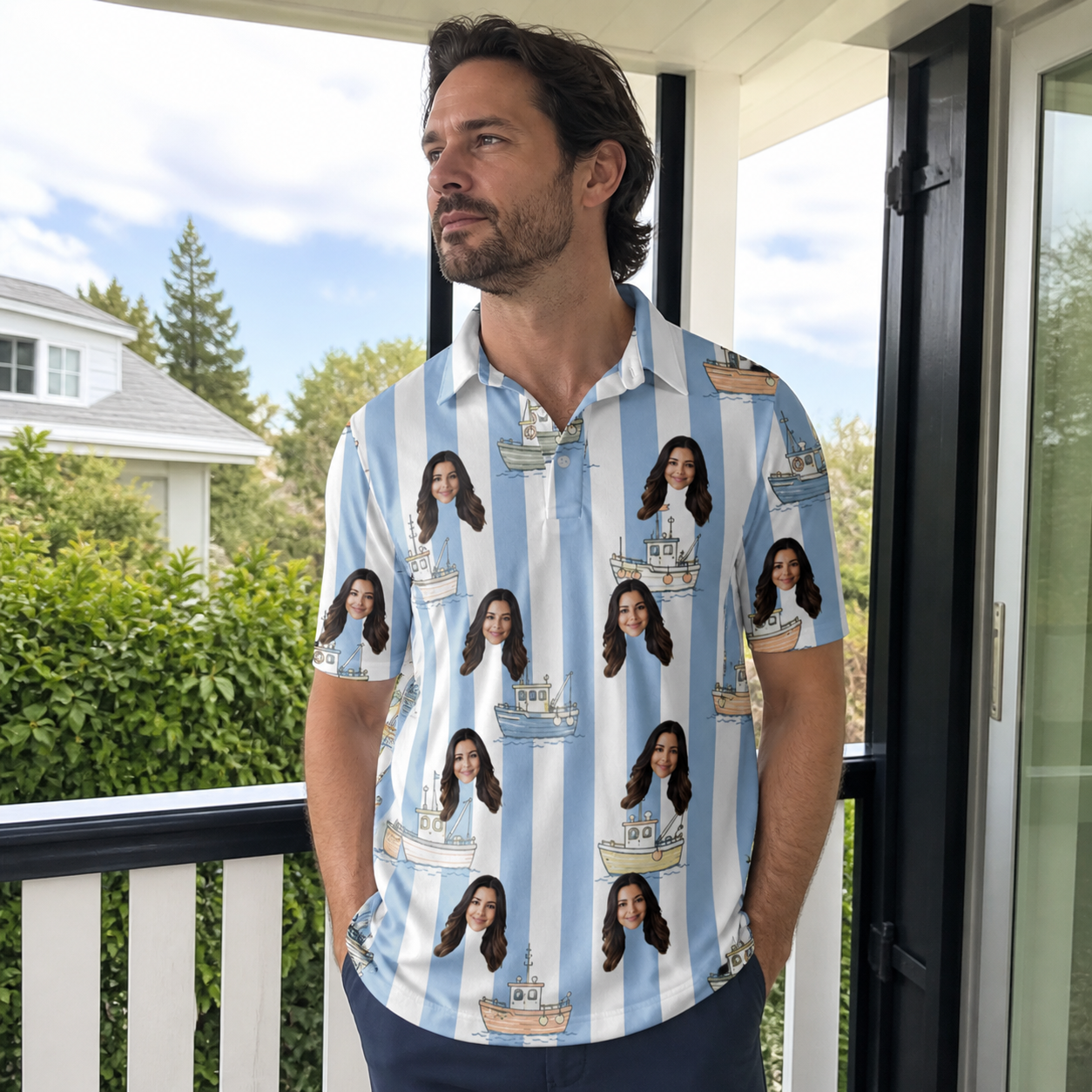 Real-life photo of someone wearing Men's Dockside Drifters Custom Face Polo Shirt — custom faces printed all-over