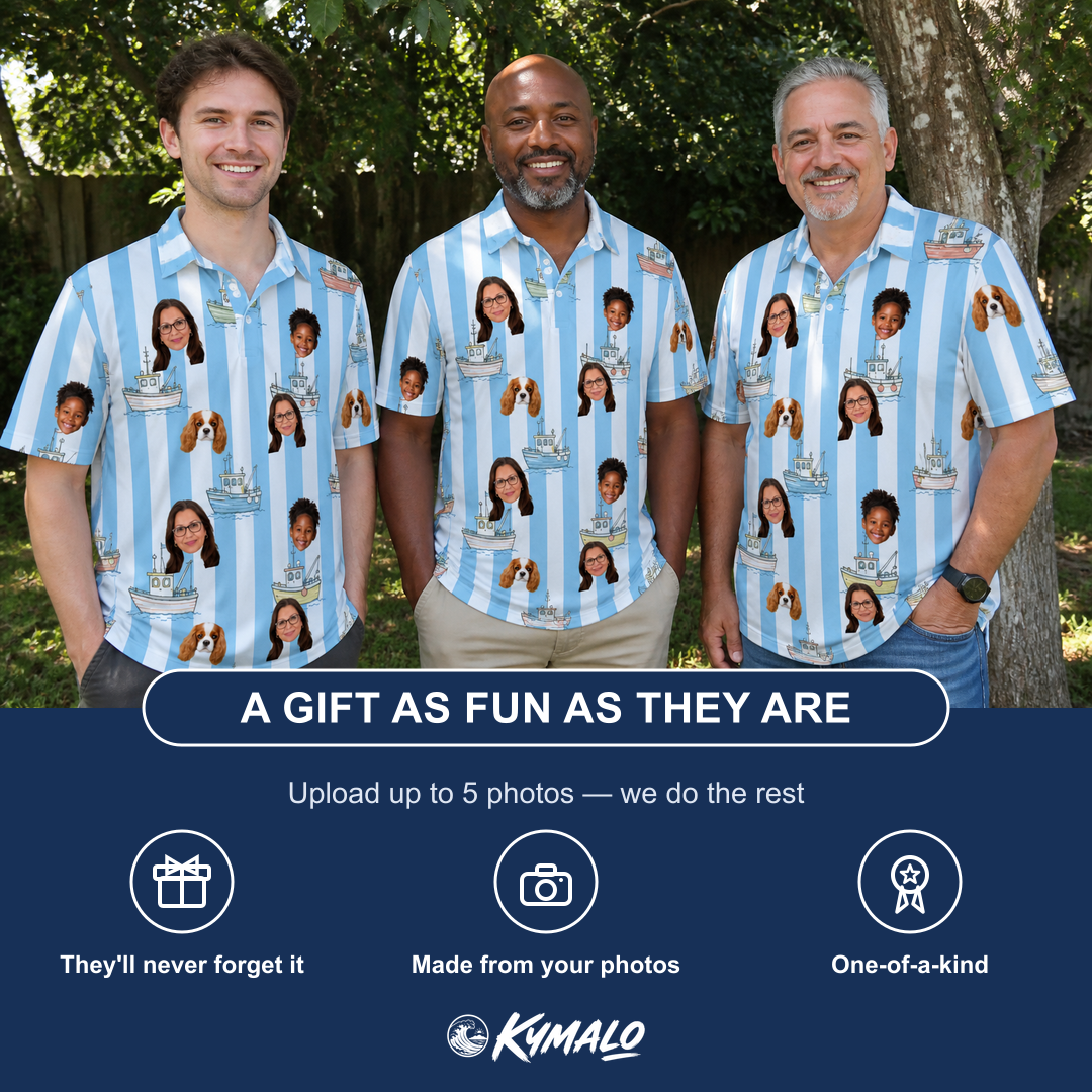 Friends in matching Men's Dockside Drifters Custom Face Polo Shirt — a group gift photo