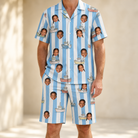 Model wearing Men's Dockside Drifters Custom Face Shirt & Shorts Set printed with kids' faces