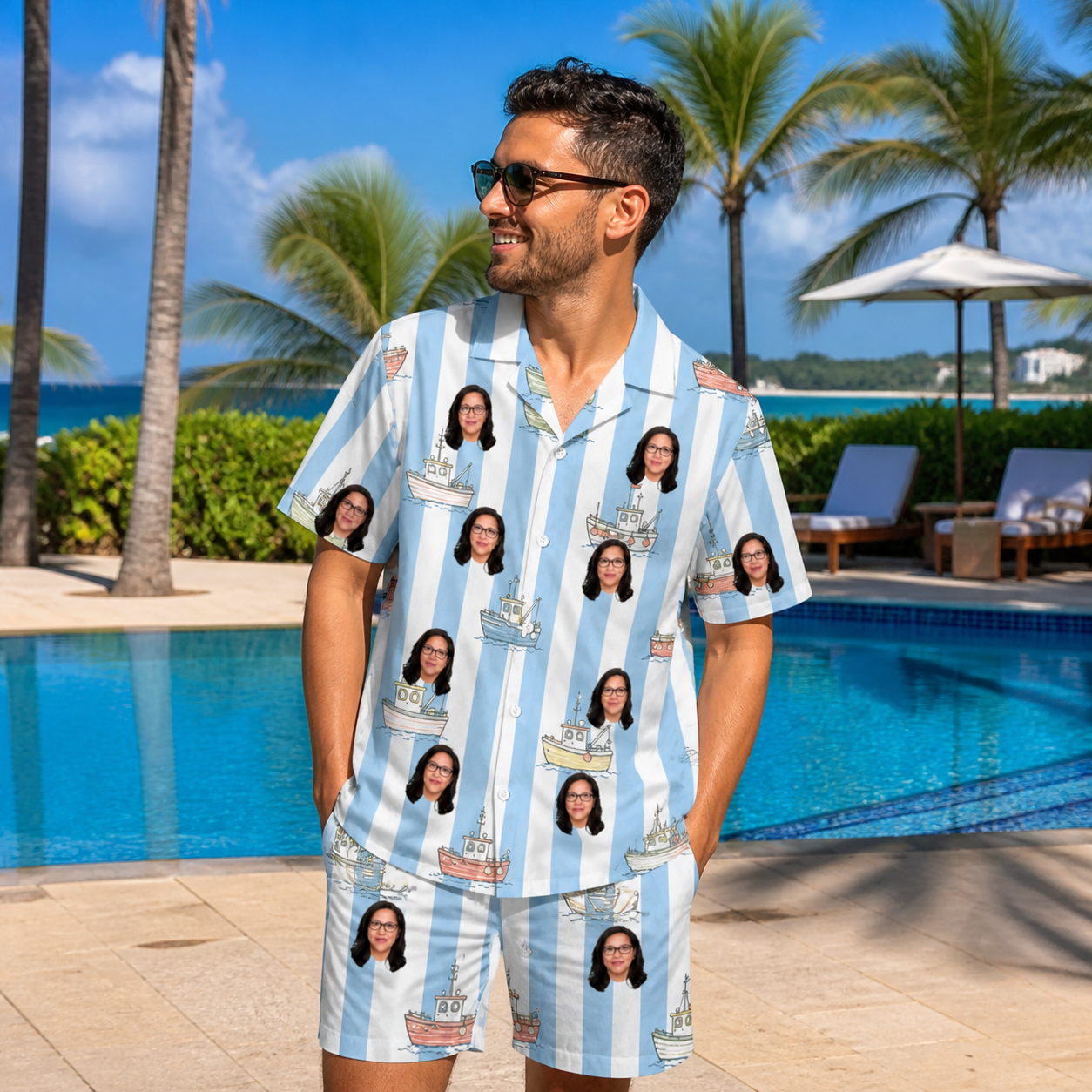 Real-life photo of someone wearing Men's Dockside Drifters Custom Face Shirt & Shorts Set — custom faces printed all-over