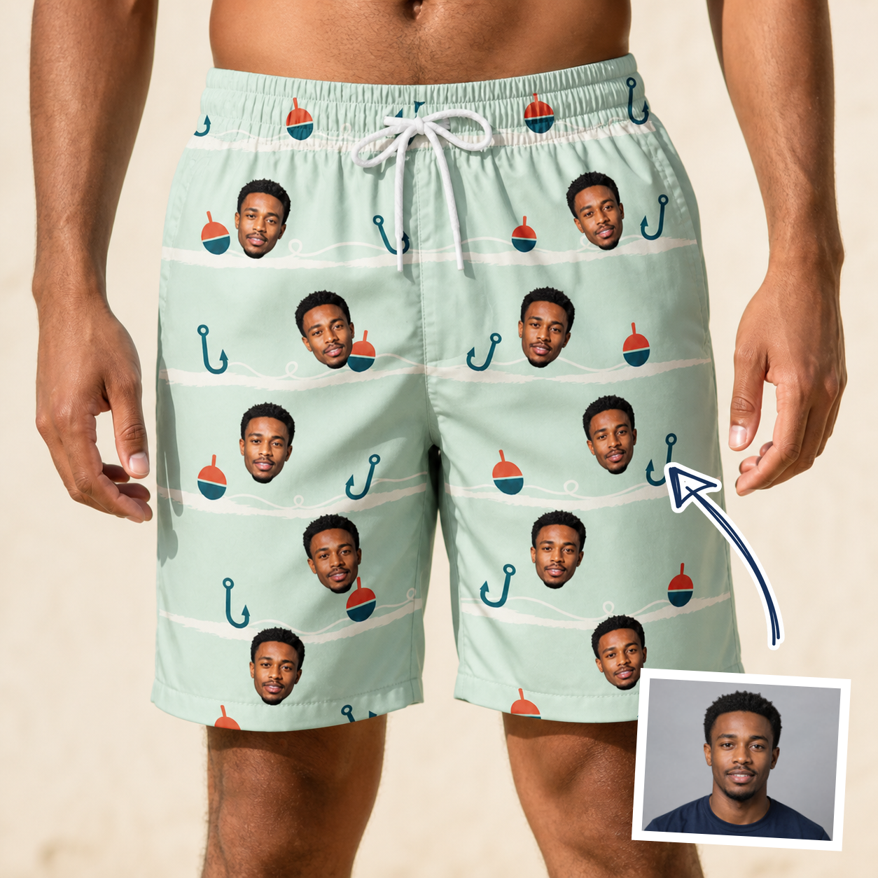 Man wearing Men's Angler Angles Custom Face Beach Shorts — custom faces printed all-over