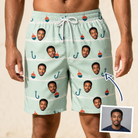 Man wearing Men's Angler Angles Custom Face Beach Shorts — custom faces printed all-over