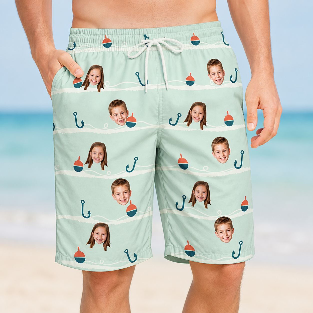 Model wearing Men's Angler Angles Custom Face Beach Shorts printed with kids' faces