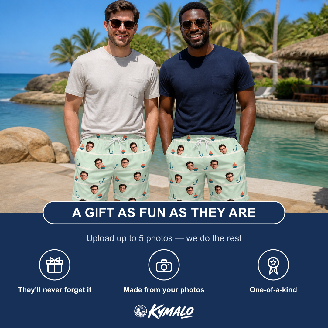Friends in matching Men's Angler Angles Custom Face Beach Shorts — a group gift photo