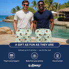 Friends in matching Men's Angler Angles Custom Face Beach Shorts — a group gift photo