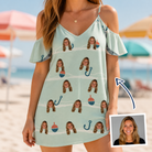 Woman wearing Women's Angler Angles Custom Face Off-Shoulder Dress — custom faces printed all-over