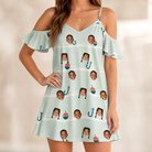 Model wearing Women's Angler Angles Custom Face Off-Shoulder Dress printed with kids' faces