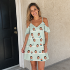 Real-life photo of someone wearing Women's Angler Angles Custom Face Off-Shoulder Dress — custom faces printed all-over