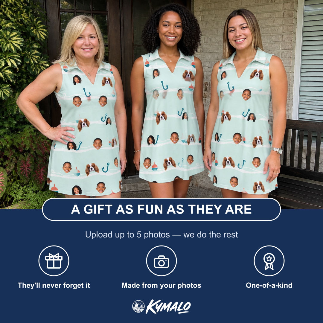 Friends in matching Women's Angler Angles Custom Face V-Neck Dress — a group gift photo