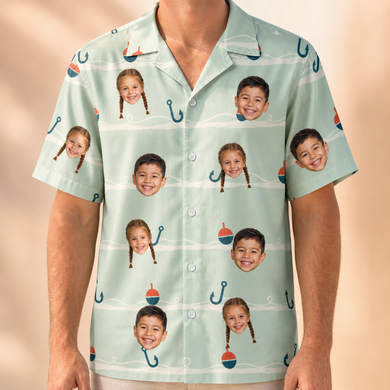 Model wearing Men's Angler Angles Custom Face Hawaiian Shirt printed with kids' faces