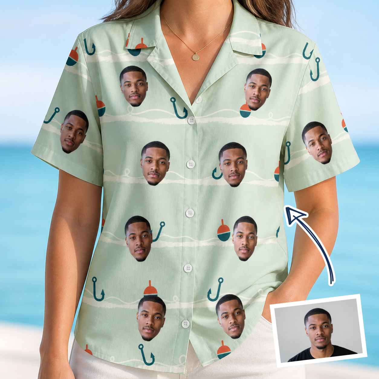 Woman wearing Women's Angler Angles Custom Face Hawaiian Shirt — custom faces printed all-over
