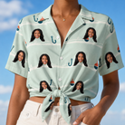 Woman wearing Women's Angler Angles Custom Face Hawaiian Shirt tied at the waist