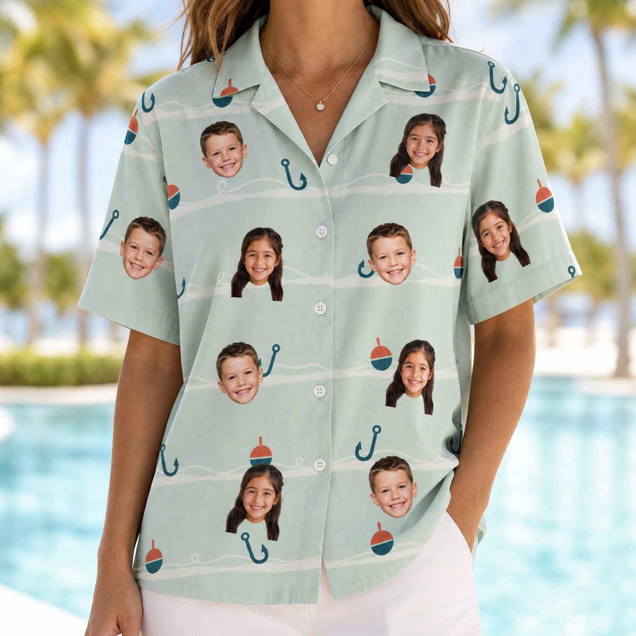 Model wearing Women's Angler Angles Custom Face Hawaiian Shirt printed with kids' faces
