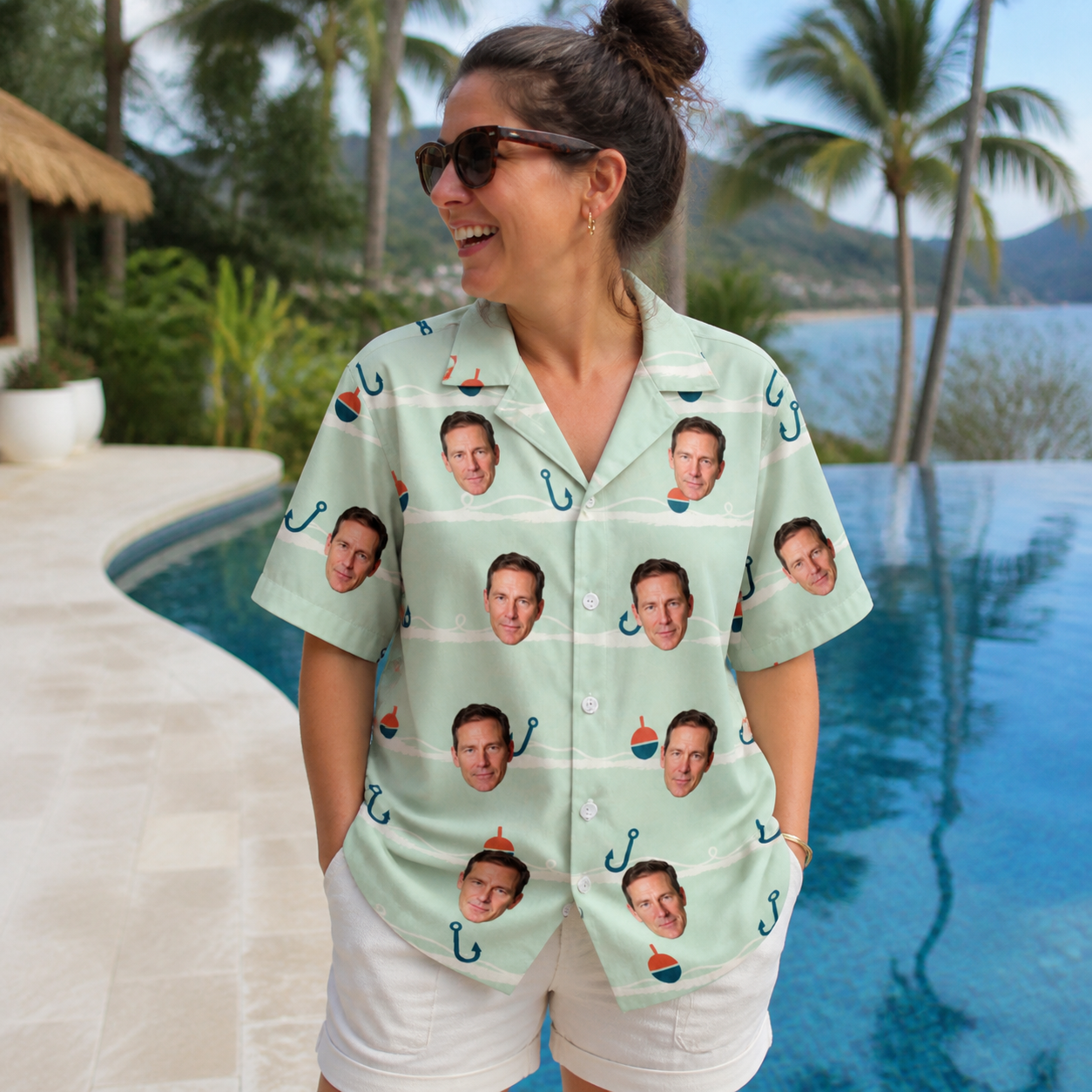 Real-life photo of someone wearing Women's Angler Angles Custom Face Hawaiian Shirt — custom faces printed all-over