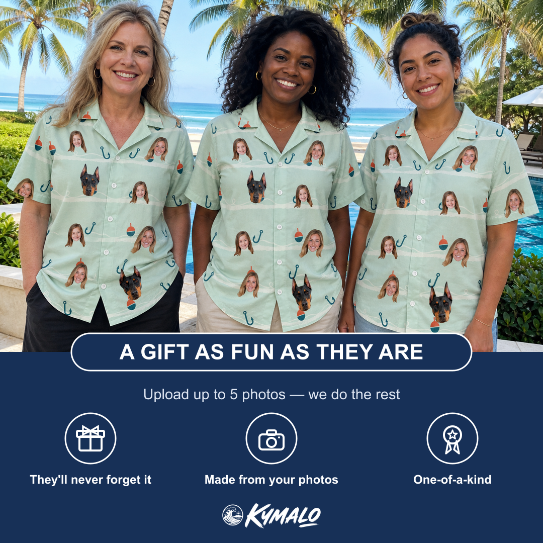 Friends in matching Women's Angler Angles Custom Face Hawaiian Shirt — a group gift photo