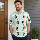 Real-life photo of someone wearing Men's Angler Angles Custom Face Polo Shirt — custom faces printed all-over