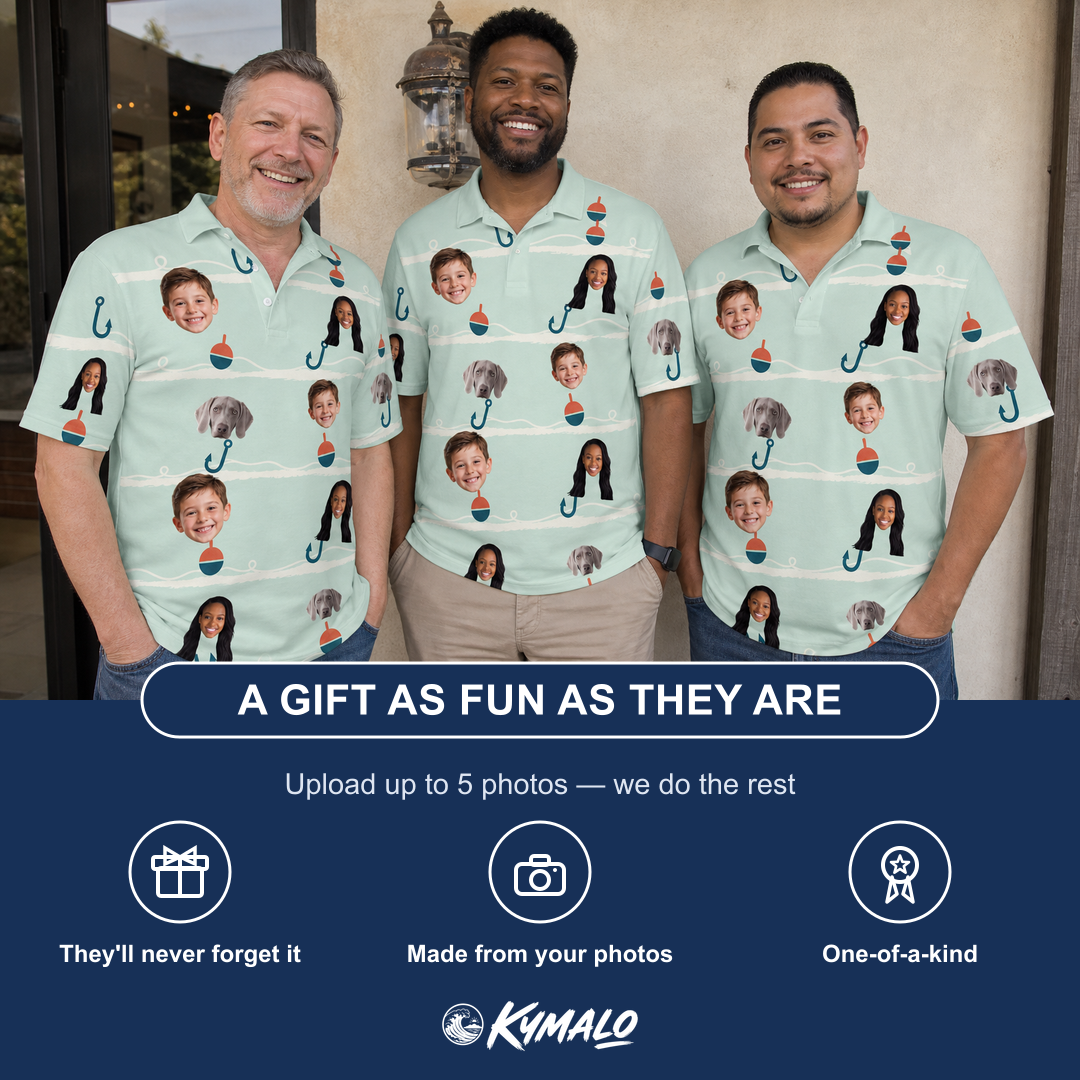 Friends in matching Men's Angler Angles Custom Face Polo Shirt — a group gift photo