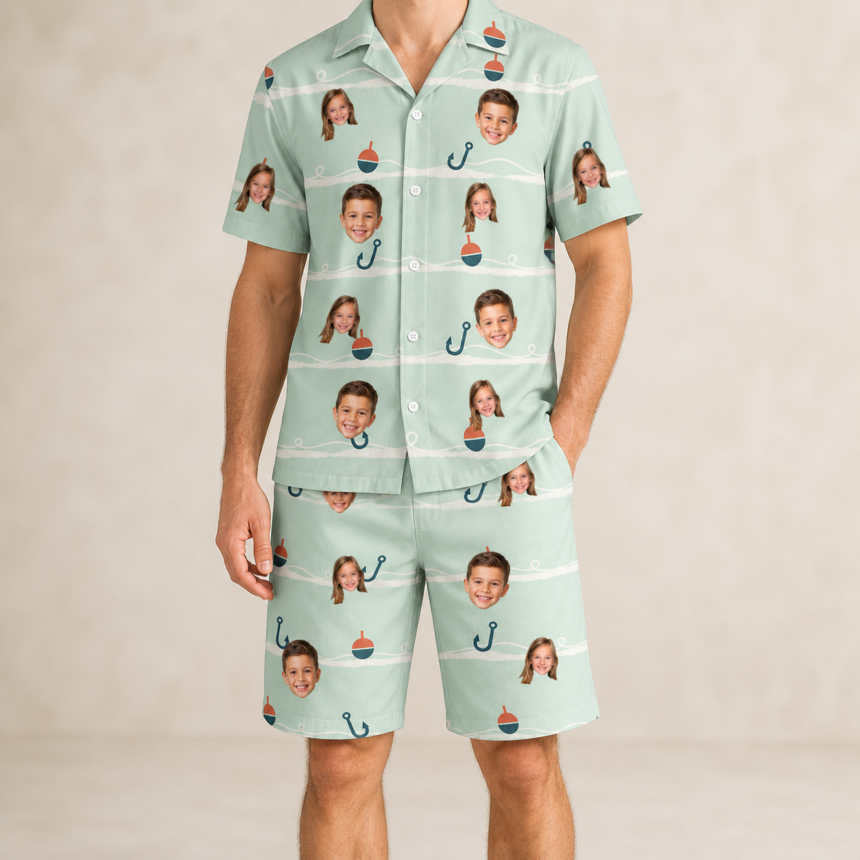 Model wearing Men's Angler Angles Custom Face Shirt & Shorts Set printed with kids' faces