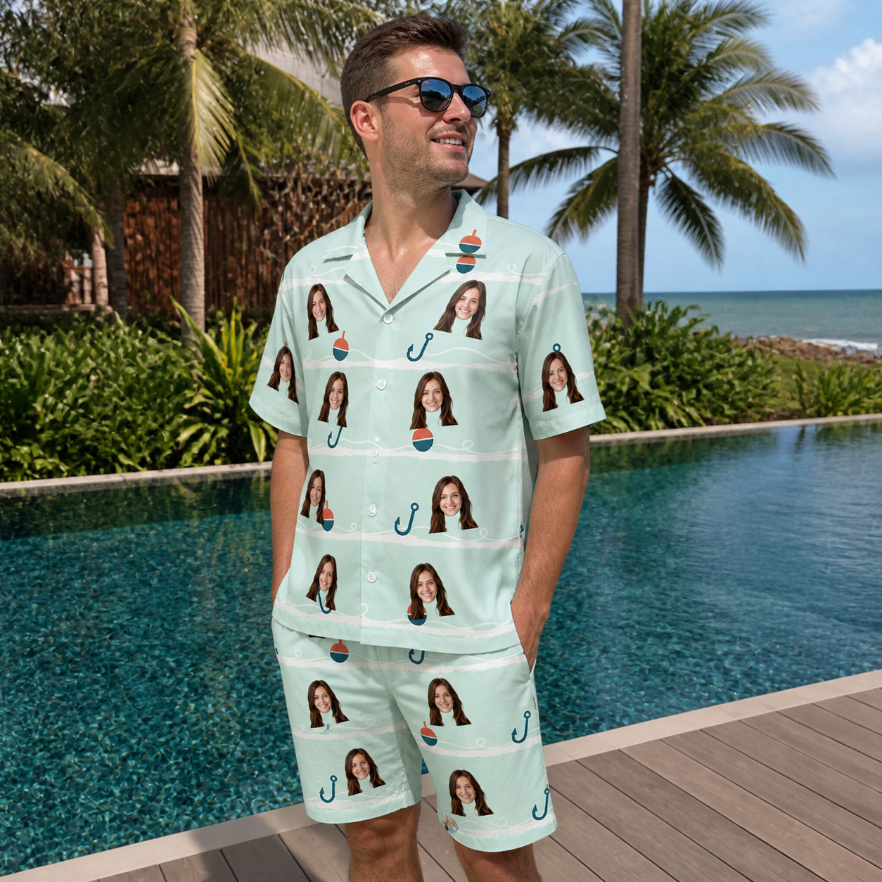 Real-life photo of someone wearing Men's Angler Angles Custom Face Shirt & Shorts Set — custom faces printed all-over