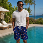 Real-life photo of someone wearing Men's Reel Rapture Custom Face Beach Shorts — custom faces printed all-over
