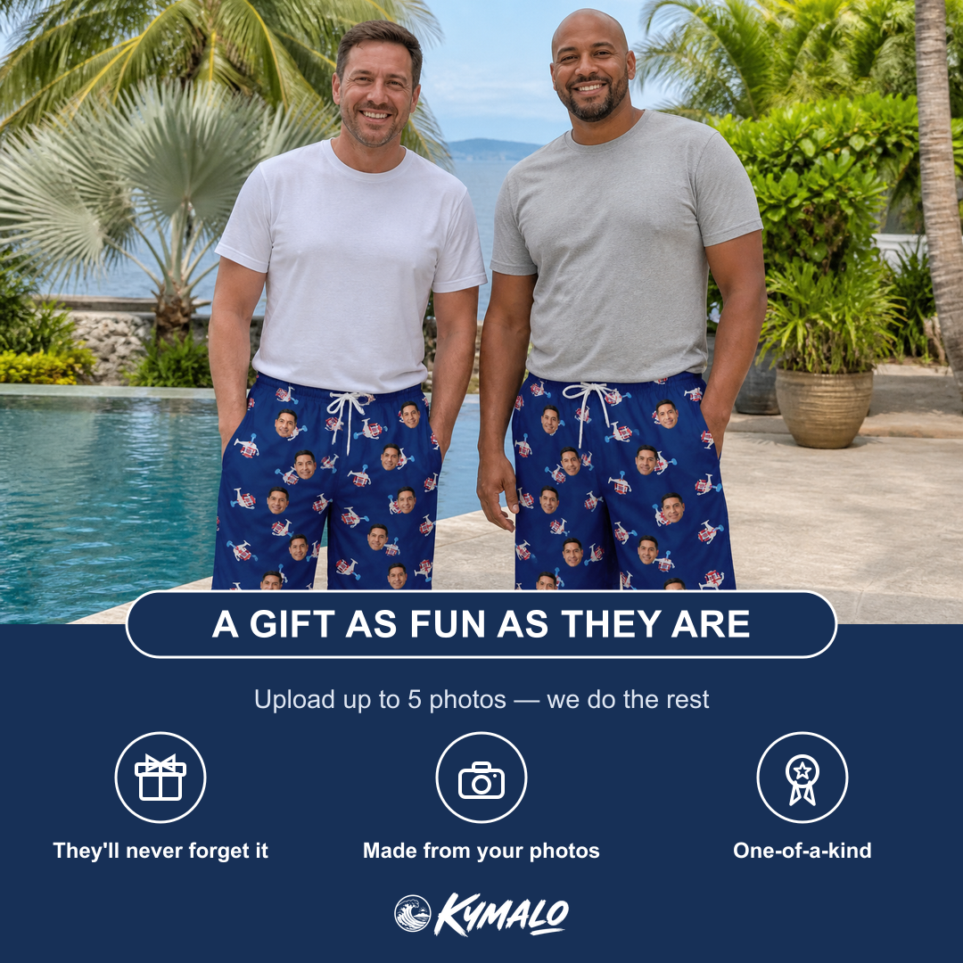 Friends in matching Men's Reel Rapture Custom Face Beach Shorts — a group gift photo