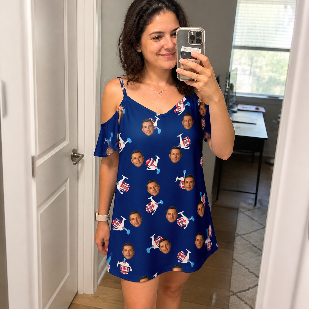 Real-life photo of someone wearing Women's Reel Rapture Custom Face Off-Shoulder Dress — custom faces printed all-over