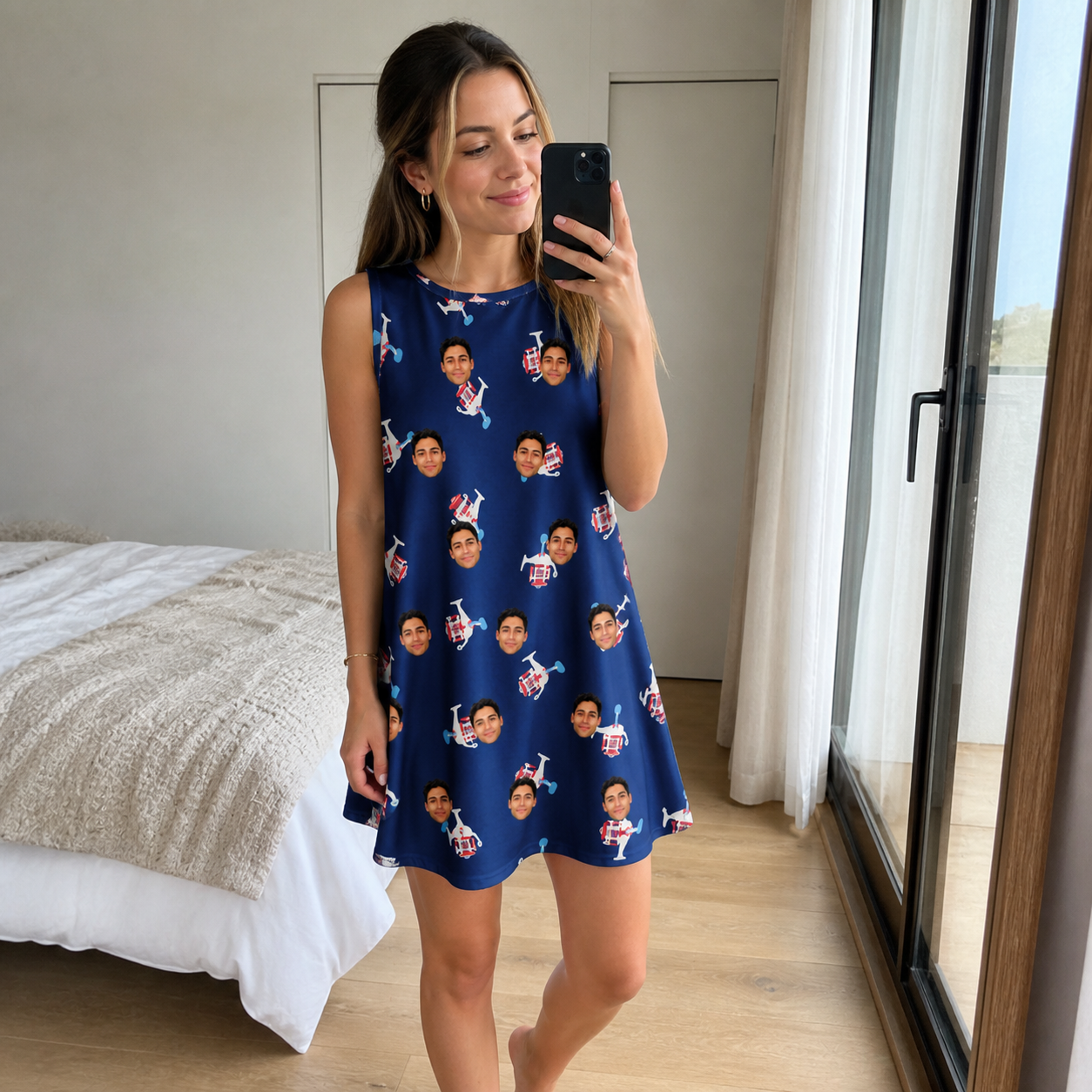 Real-life photo of someone wearing Women's Reel Rapture Custom Face Tank Dress — custom faces printed all-over