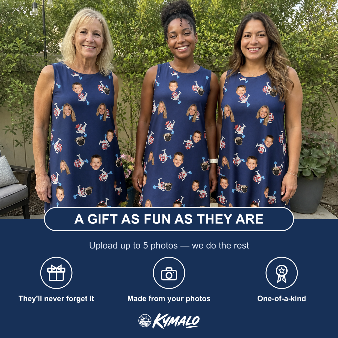Friends in matching Women's Reel Rapture Custom Face Tank Dress — a group gift photo