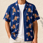 Man wearing Men's Reel Rapture Custom Face Hawaiian Shirt open over a white tee
