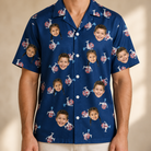 Model wearing Men's Reel Rapture Custom Face Hawaiian Shirt printed with kids' faces
