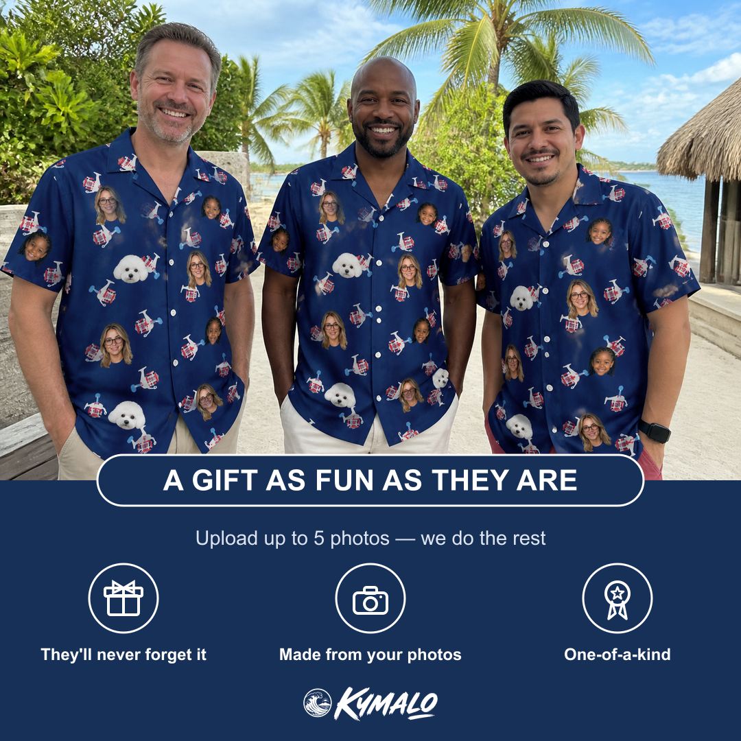 Friends in matching Men's Reel Rapture Custom Face Hawaiian Shirt — a group gift photo