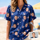 Woman wearing Women's Reel Rapture Custom Face Hawaiian Shirt — custom faces printed all-over