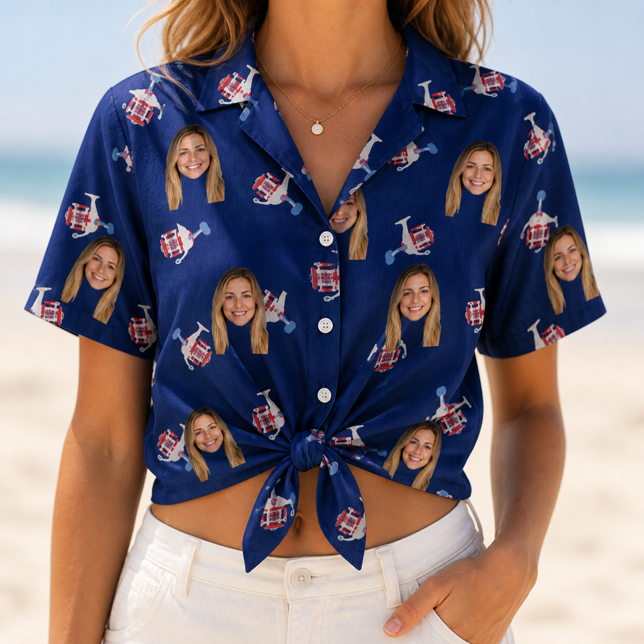 Woman wearing Women's Reel Rapture Custom Face Hawaiian Shirt tied at the waist