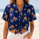 Woman wearing Women's Reel Rapture Custom Face Hawaiian Shirt tied at the waist
