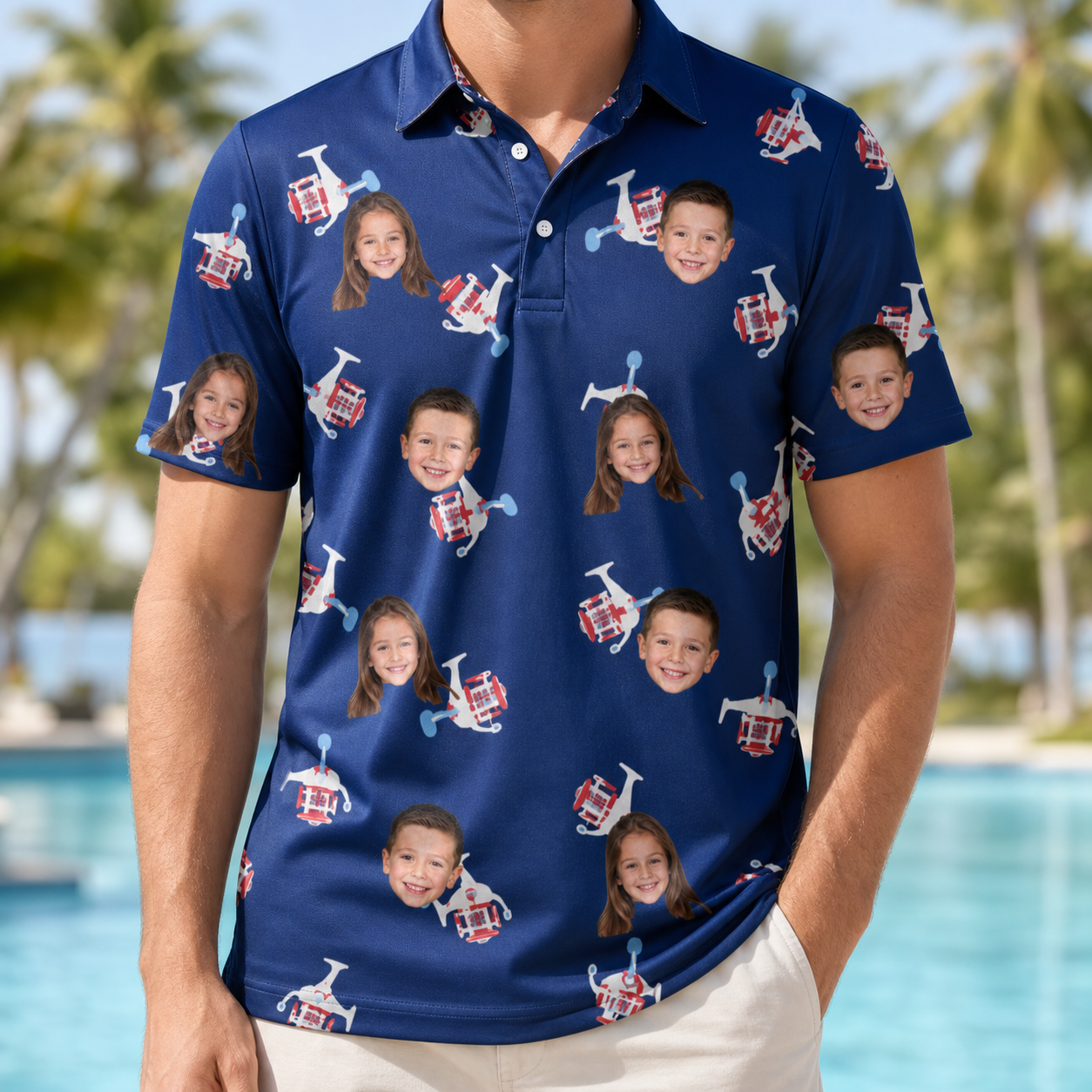 Model wearing Men's Reel Rapture Custom Face Polo Shirt printed with kids' faces