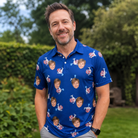 Real-life photo of someone wearing Men's Reel Rapture Custom Face Polo Shirt — custom faces printed all-over