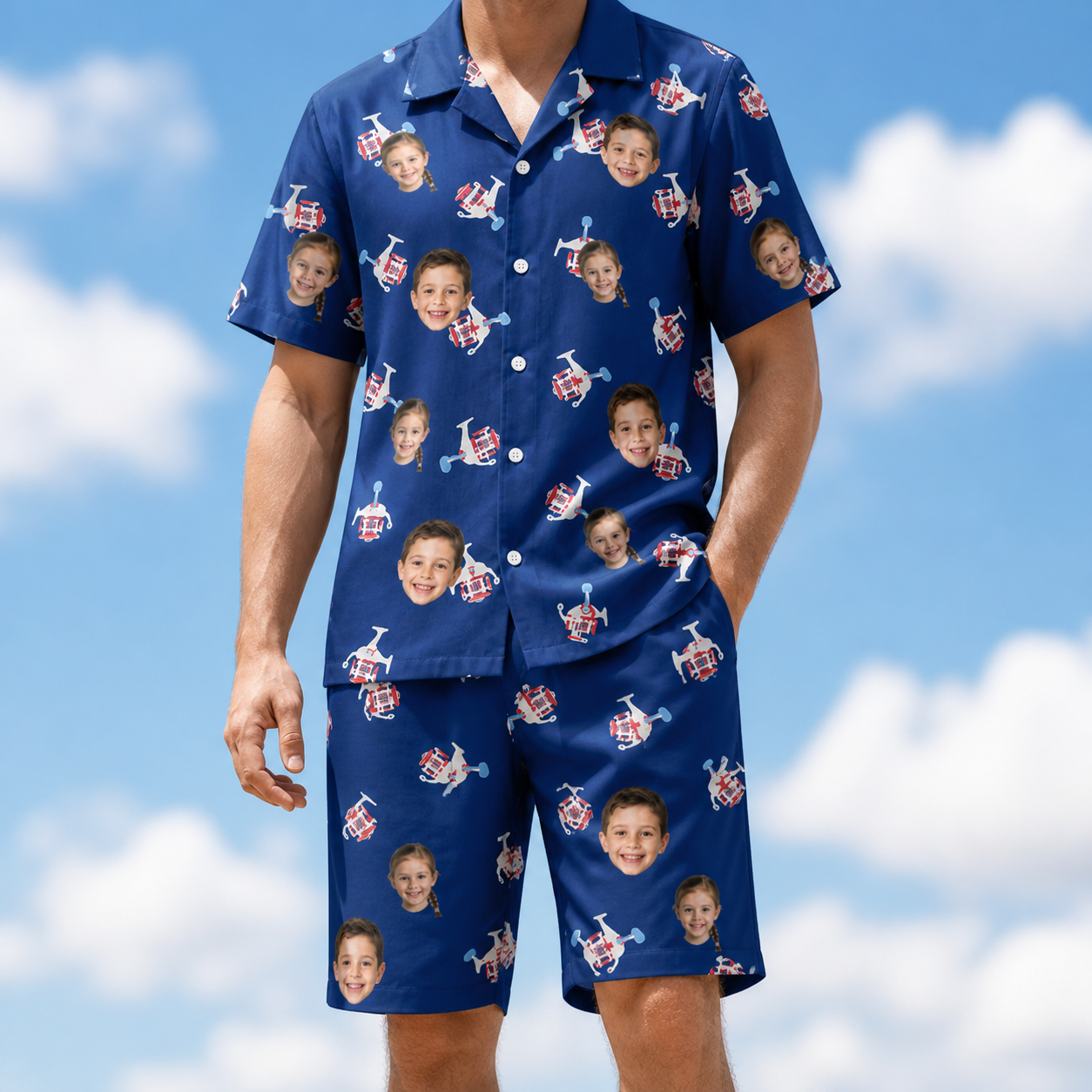 Model wearing Men's Reel Rapture Custom Face Shirt & Shorts Set printed with kids' faces
