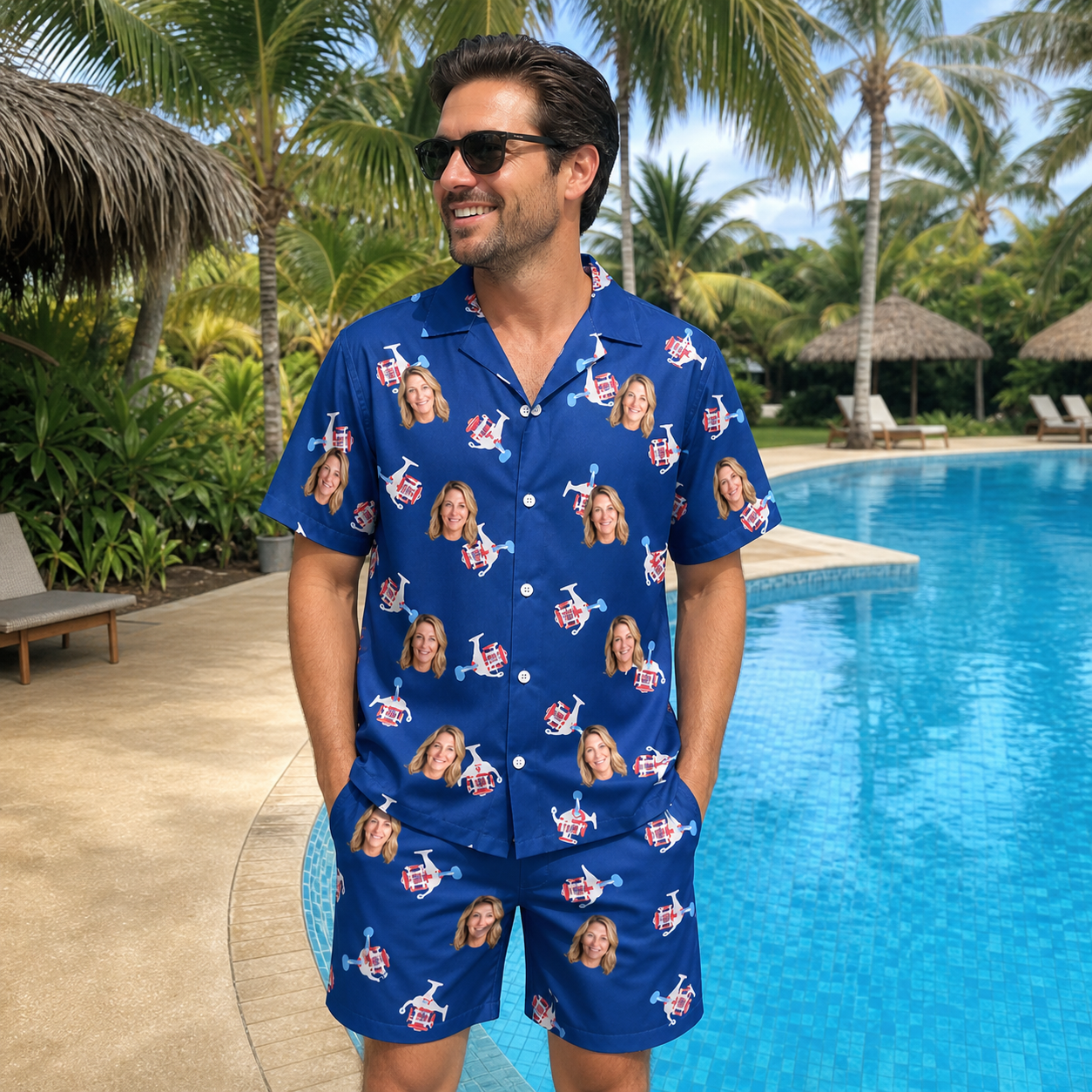 Real-life photo of someone wearing Men's Reel Rapture Custom Face Shirt & Shorts Set — custom faces printed all-over