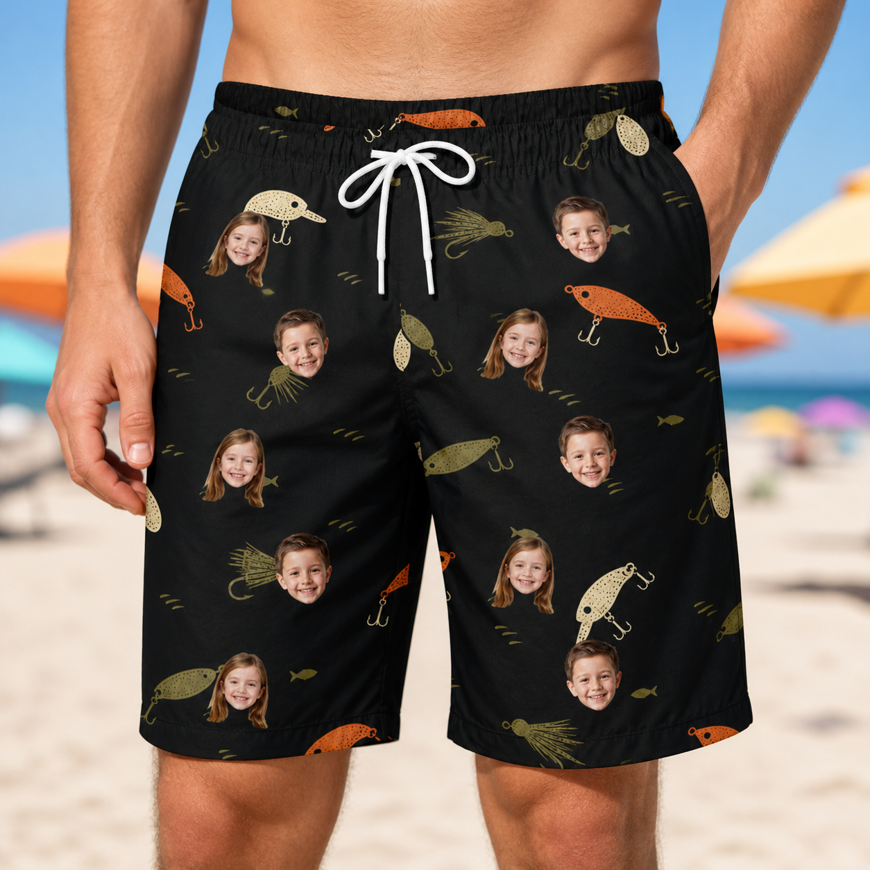 Model wearing Men's Tackle Tangle Custom Face Beach Shorts printed with kids' faces