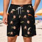Model wearing Men's Tackle Tangle Custom Face Beach Shorts printed with kids' faces