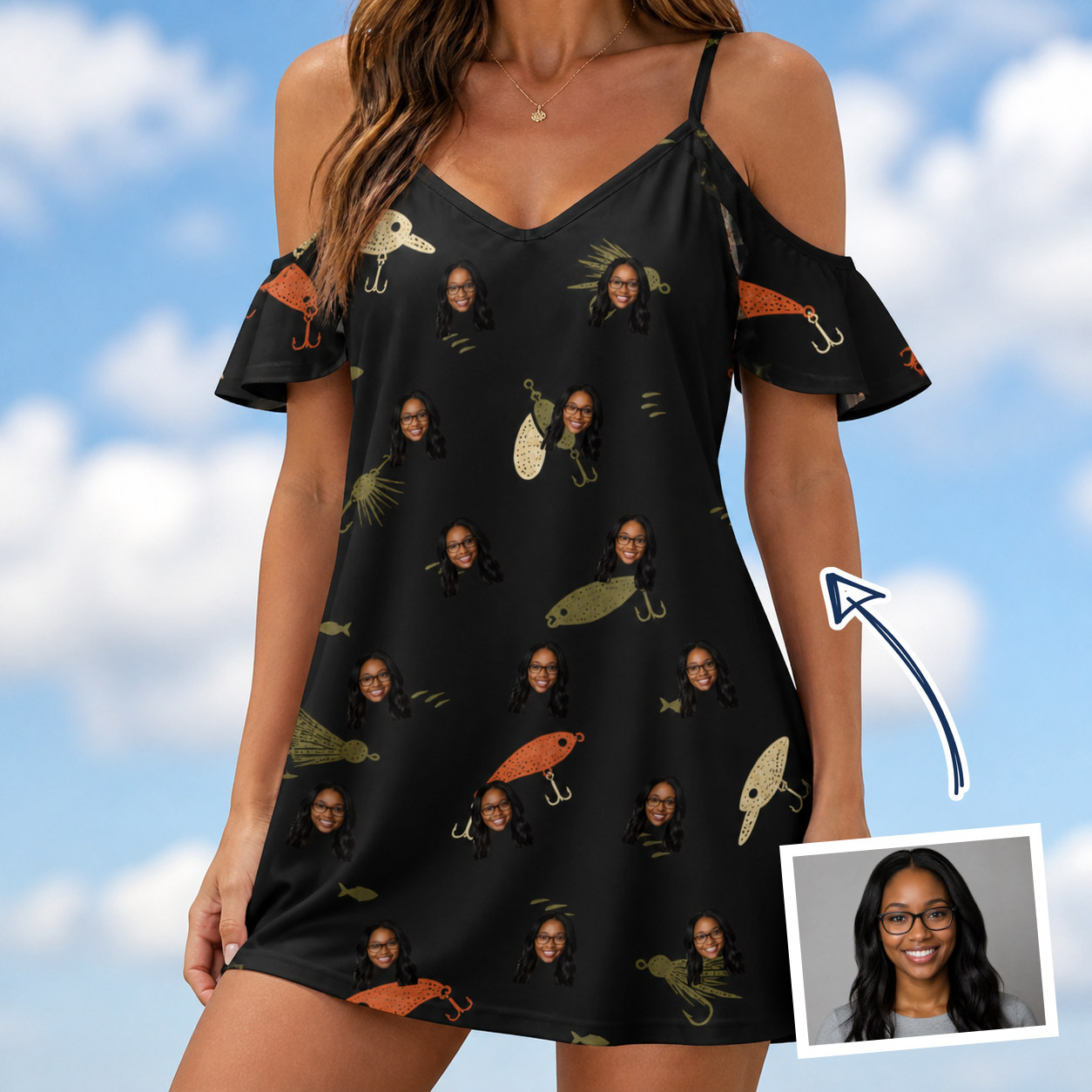 Woman wearing Women's Tackle Tangle Custom Face Off-Shoulder Dress — custom faces printed all-over