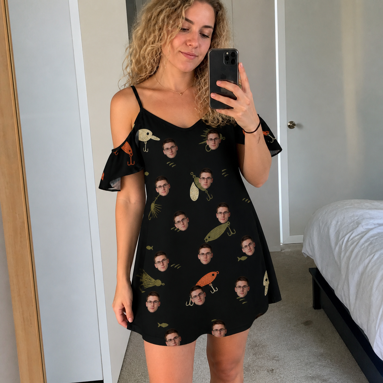 Real-life photo of someone wearing Women's Tackle Tangle Custom Face Off-Shoulder Dress — custom faces printed all-over
